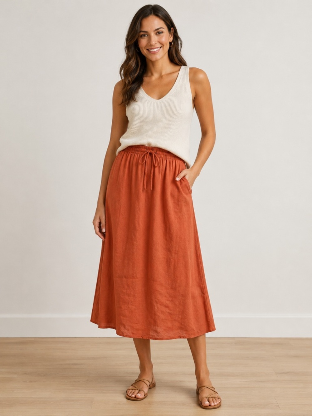 Madewell Women's 26W Orange Linen Blend Midi Skirt Elastic Drawstring Waist
